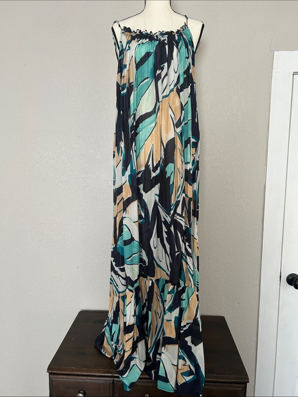 Anthropologie Teal, Navy & Cream Abstract Maxi Dress